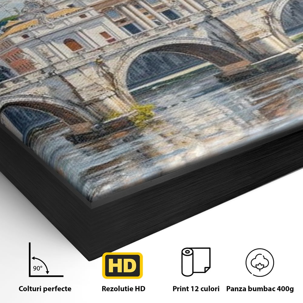 Detaliu al suprafetei: tablou canvas cu podul si cupola vaticanului, in rama de aluminiu negru